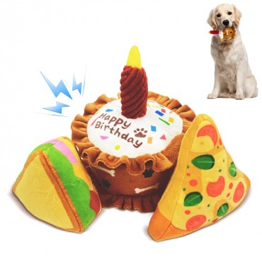 Birthday Squeaky Cake Sandwiches Pizza Crinkly Party Dog Toy Supplies Gift for Boys & Girls Colorful Play Set 3 Pack Toys